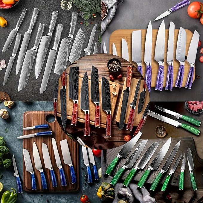 8-Piece Premium Japanese Kitchen Knife Set - Imperial Collection, Laser Damascus Pattern, 440A Stainless Steel Ultra Sharp for Fast Cutting (Black 8J)