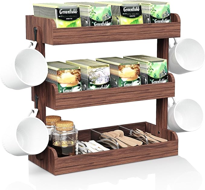 3 Tier Tea Bag Organizer - Wall-Mounted Holder with Partitions, 4 Hooks, Wooden Tea Box for Office, Kitchen, Cabinet, Pantry