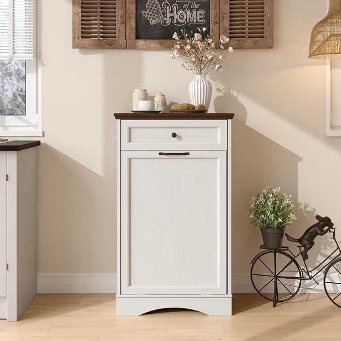 NEWOWNDS Tilt Out Trash Can Cabinet 13 Gallon Hidden Trash Garbage Can Cabinet with Drawer,Waterproof Cutting Board,Pet Proof Hidden Garbage,Laundry Bathroom, White