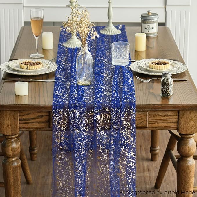 Artoid Mode 3PCS Blue Gold Gauze Table Runner 120 Inch 10FT, Glitter Metallic Foil Sheer Dining Wedding Anniversary Holiday Table Decor for Home Party