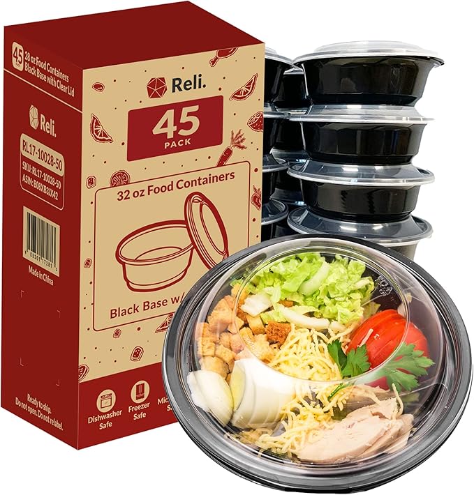 Reli. Meal Prep Containers, 32 oz. | 45 Pack | Reusable Meal Prep Bowls/Food Containers | Microwavable Bowls with Airtight Lids, Black Food Storage