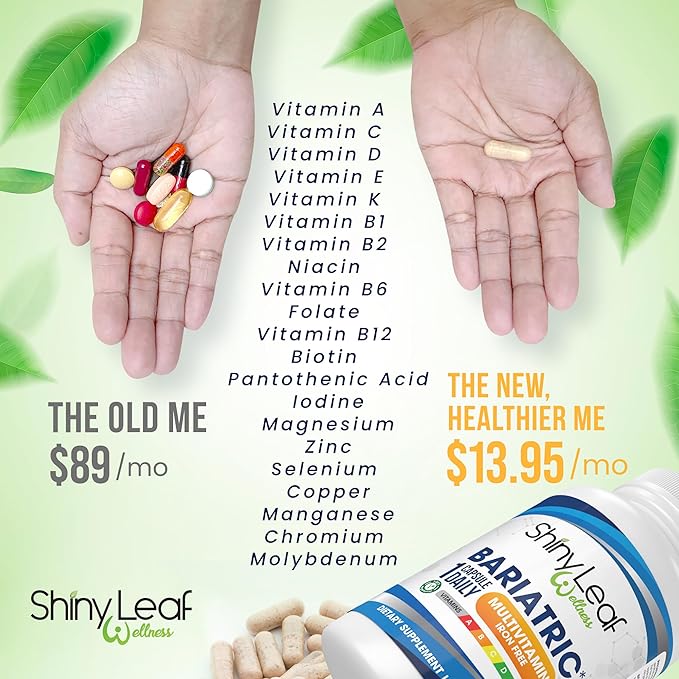 Shiny Leaf Bariatric Multivitamin Without Iron - Vitamins for Gastric Bypass & Sleeve, 1 Daily Capsule W Vitamin A, C, D, Biotin, Zinc, B12, K, Vegetarian, Soy-Free, GMP Cert., Made in USA (30 Ct.)