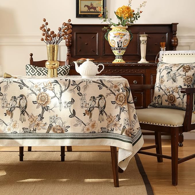 ISAENNE Designer Vintage Linen Tablecloth Rectangular,Floral and Bird Pattern Elegant Table Cloth,Fall Wrinkle Resistant Decor Tablecloths for Dining Kitchen Party Christmas,55"*79"-Murad A
