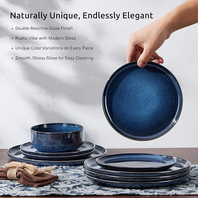 E-far Dinnerware Sets for 4, 12-Piece Stoneware Plates and Bowls Set, Ceramic Dishes Reactive Glaze Dinning Ware, Microwave & Dishwasher Safe - Deep Sea Blue
