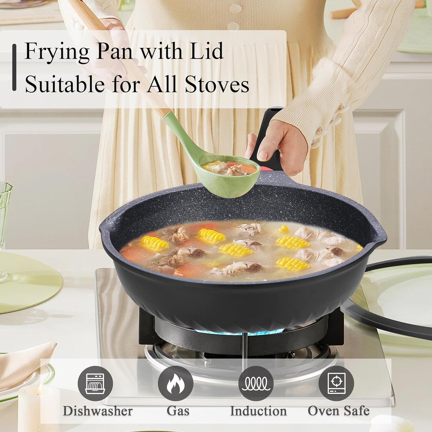 Vinchef New Handle Update 11In/5Qt Aluminum Nonstick Deep Frying Pan with Lid and Heat Indicator, Anti Scratch and Anti Stain Deep Saute Pan, Induction Compatible