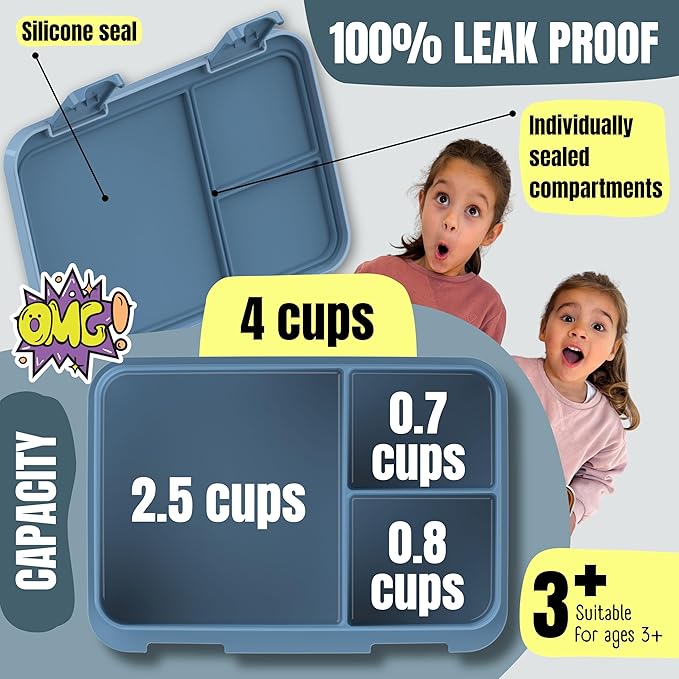 BEARFOOT Kids Lunch Box with Compartments – Compact & Lightweight | Leak-Proof, BPA-Free, Dishwasher & Microwave Safe | Hand-Drawn Design for Preschool, School, Travel (Excavator Monkey Blue, 4 Cups)