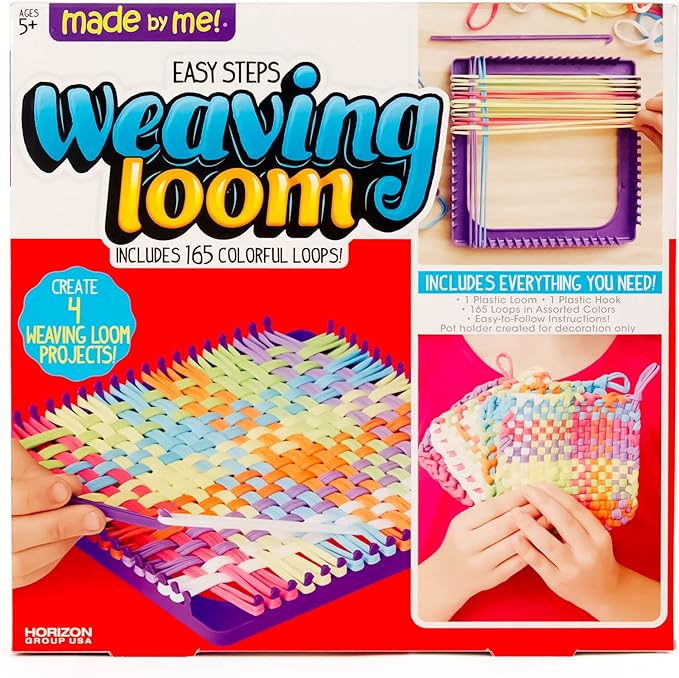 Made By Me Easy Steps Weaving Loom for Kids, Includes 165 Loom Loops & 1 Weaving Loom with Loom Hook, Makes 4 Projects, Hook & Loop Potholder Kit, DIY Weaving Kit, Potholder Loom Kit, Kids Crafts