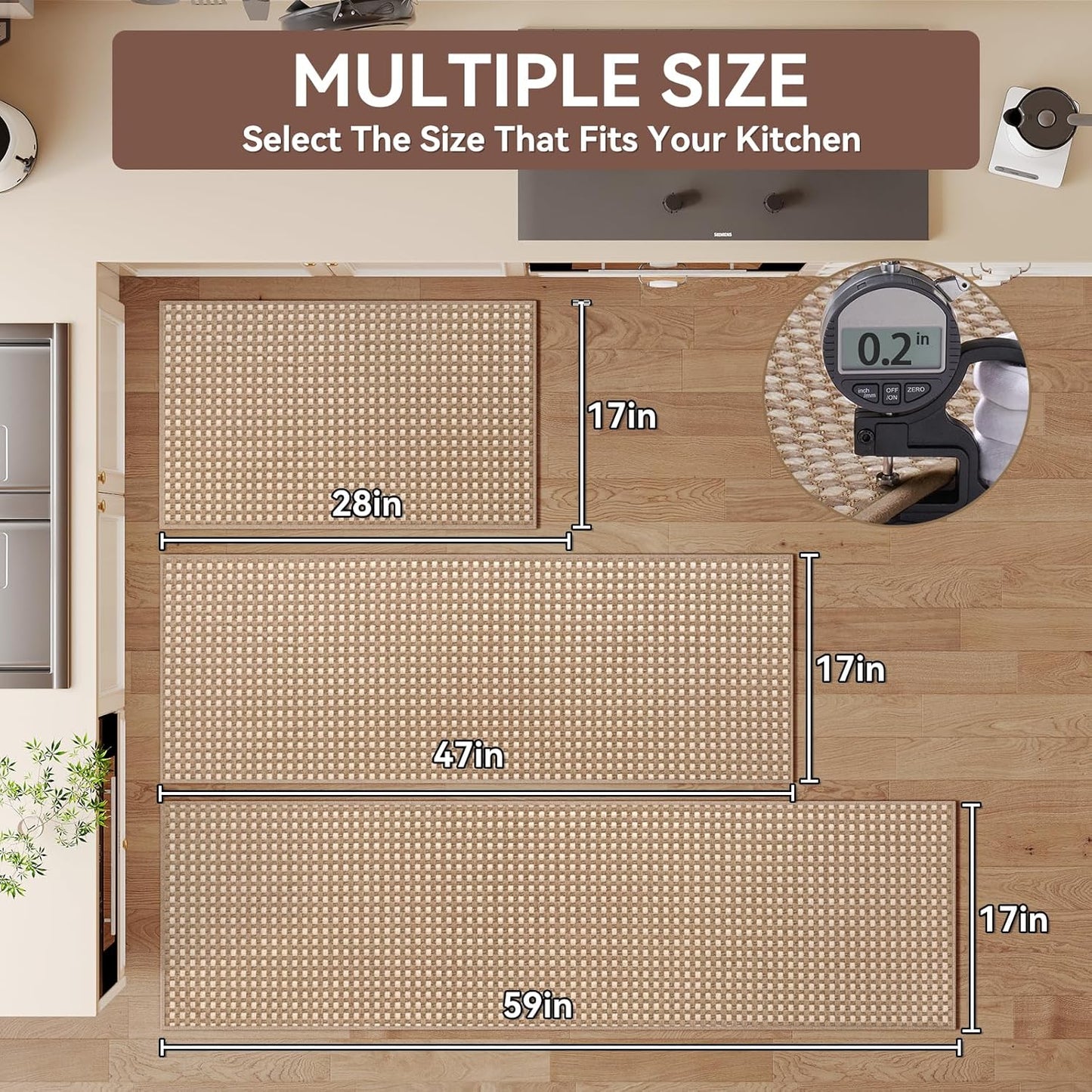 Kitchen Runner Rugs Non Slip Washable, Super Absorbent Soft Chenille Braided Kitchen Mats for Floor Rubber Backing Standing Sink Mat Floor Mat, Easy to Clean, Brown 17"x59"