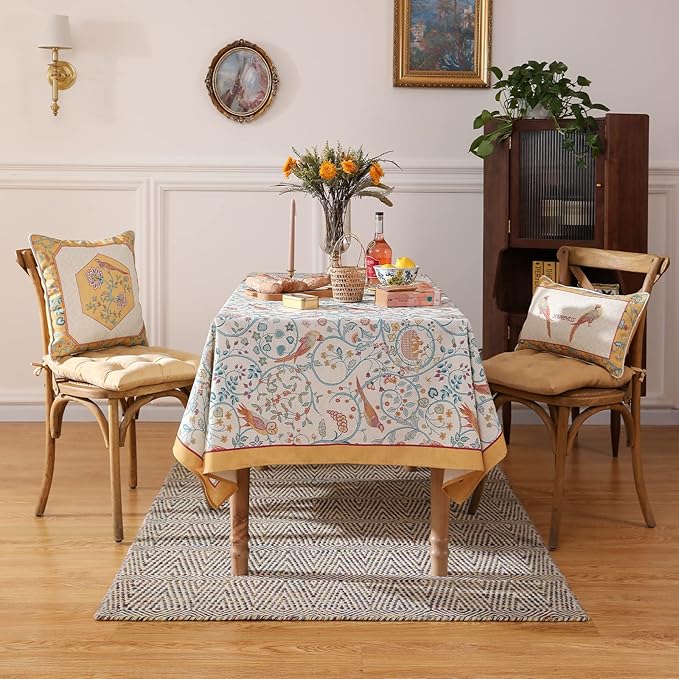 patdrea Designer Vintage Small Square Table Cloth,Yellow Linen Floral Birds Pattern Colorful Tablecloths,Decorative Table Cover for Kitchen Dining Banquet,Christmas,Thanksgiving,55"x55"-Magnolia