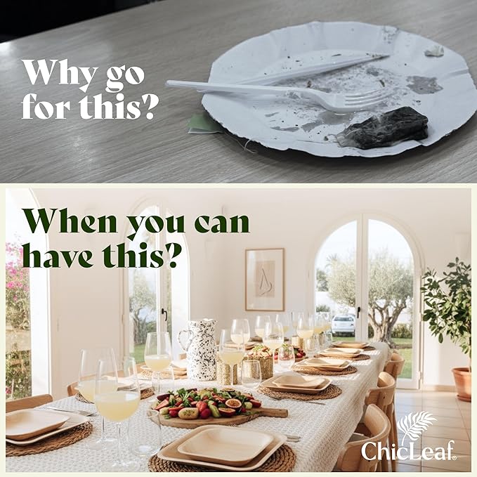 Chic Leaf Square Bamboo Palm Leaf Disposable Plates - 8" Pack of 100 - Biodegradable & Compostable Dinnerware - Disposable Party & Appetizer Plates - Eco-Friendly Dessert Trays