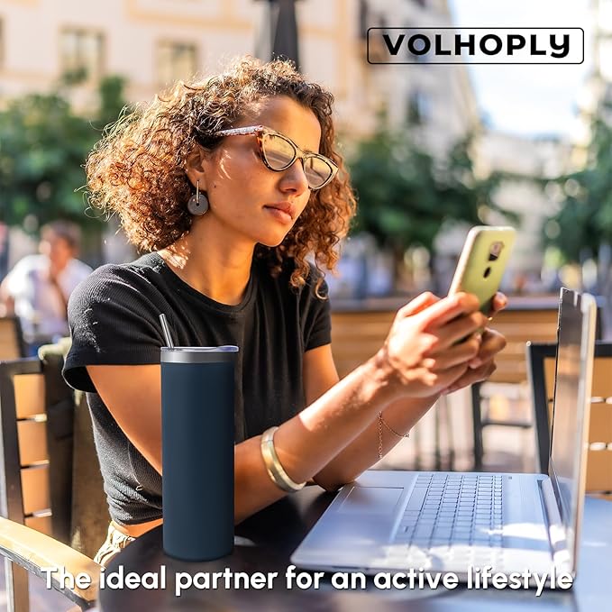 Volhoply 4 Pack Skinny Tumblers with Lid and Straw, 20oz Stainless Steel Straight Tumbler Bulk, Vacuum Insulated Coffee Mug for Home, Office, Travel, DIY (Navy,4 Pack)