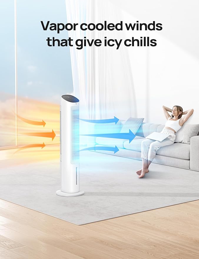 Dreo Tower Fan for Bedroom, 40" Evaporative Air Cooler, Cooling Fans That Blow Cold Air with 80° Oscillating, Removable Water Tank, 3 Modes 4-Speed, Remote Control, Quiet Floor Fan, 7H Timer，White