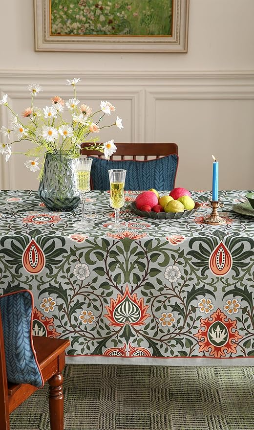 ISAENNE Designer Bohemian Linen Green Extra Long Rectangle Tablecloth,Floral Indoor Table Cloth,Stain Resistant Decor Tablecloths for Dining Thanksgiving Kitchen Party Christmas,63"*110"-Naples