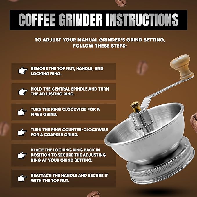 Stainless Steel Coffee Grinder Lid Attachment for Regular Mouth Mason Jars - Manual Crank Burr Grinder for Fresh Coffee, Ideal for Camping, Home Barista, Rust Proof Ceramic Mechanism (Wide)