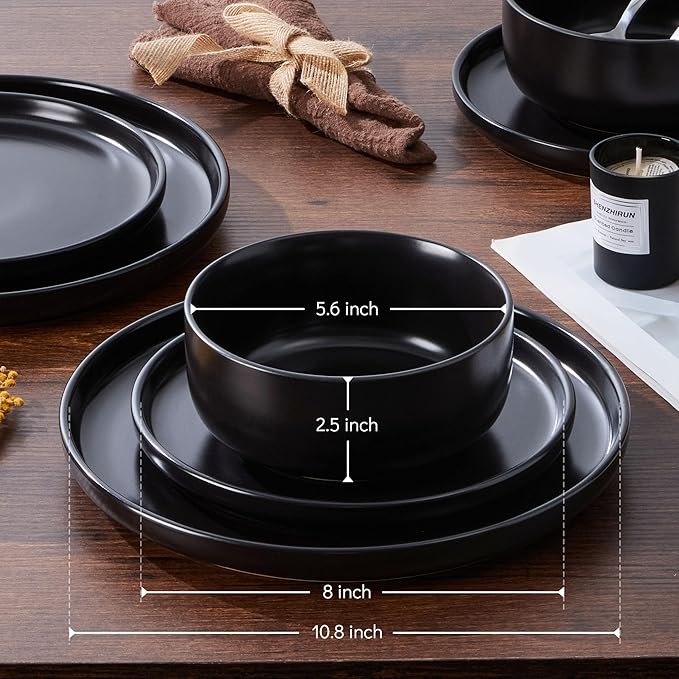 E-far Stoneware Dinnerware Sets for 6, 18-Piece Plates and Bowls Set, Modern Ceramic Dishes Dinning Ware, Microwave & Dishwasher Safe - Matte Black