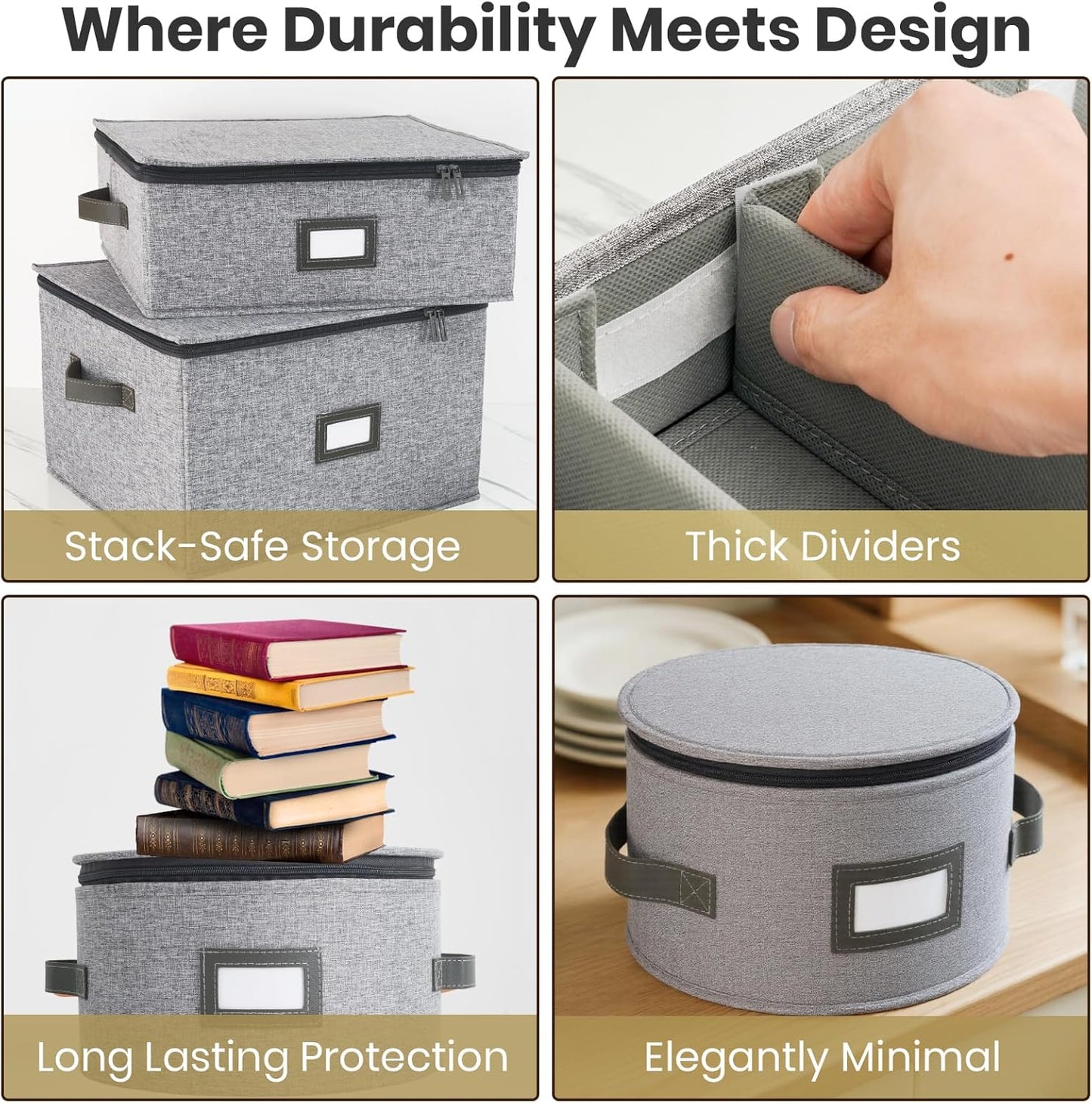 HOMELUX THEORY Hard Shell China Storage Containers, 6pc LightGray Mug & Plate Storage Box, Kitchen Storage Bins W/Lids, Heavy Duty Moving Box with Handles for Dishes, Glassware, Stemware, Cup & Mug
