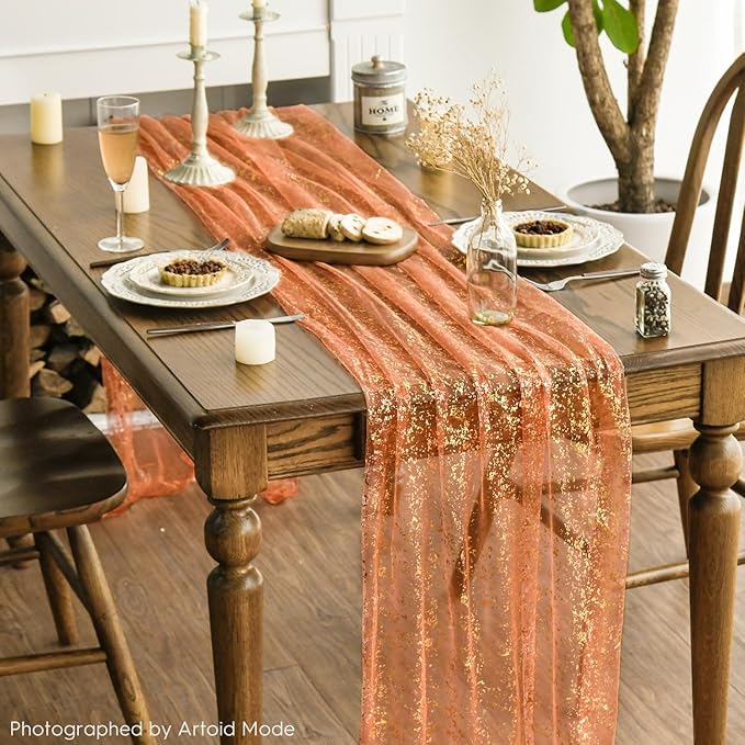 Artoid Mode 6PCS Orange Gold Gauze Table Runner 120 Inch 10FT, Glitter Metallic Foil Sheer Dining Wedding Anniversary Holiday Table Decor for Home Party