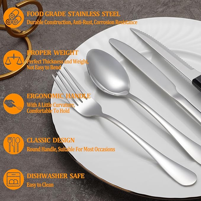 48 Pcs Silverware Set with Steak Knives Service for 8,Stainless Steel Flatware Set,Mirror Polished Cutlery Utensil Set,Home Kitchen Eating Tableware Set,Include Fork Knife Spoon Set,Dishwasher Safe