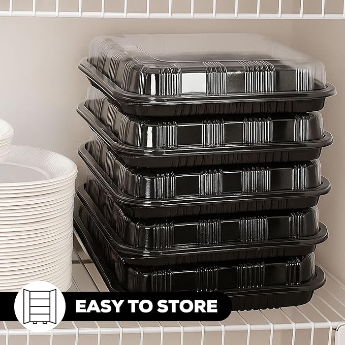 6 Pack Catering Trays with Lids – 13" Serving Tray with Lid, Heavy Duty Recyclable Plastic Party Platters for Catering, Buffet, Picnics & Events – Food Trays with Clear Lid (13.39 × 9.84 × 2.95 inch)