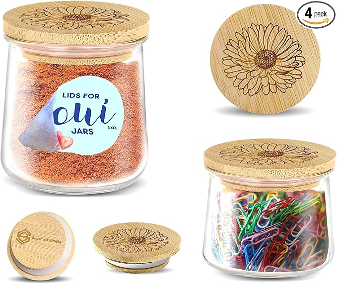 Oui Yogurt Jar Lids – Choose a Design, 4-24 pcs, Silicocne, or Stainless Steel | Airtight Lids That Fit Yoplait Oui Glass Jars | Eco Replacement Tops with Silicone Gasket | Bamboo Aster Flower 4 Pack