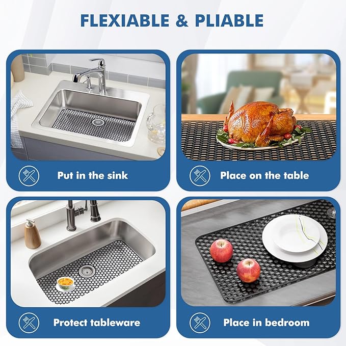 Bestjing Silicone Sink Protectors for Kitchen Sink with Rear Drain - 29.7"x 15.5" Kitchen Protector Accessory, Non-Slip Heat Resistan Mat for Bottom of Farmhouse Stainless Steel Porcelain (Black)