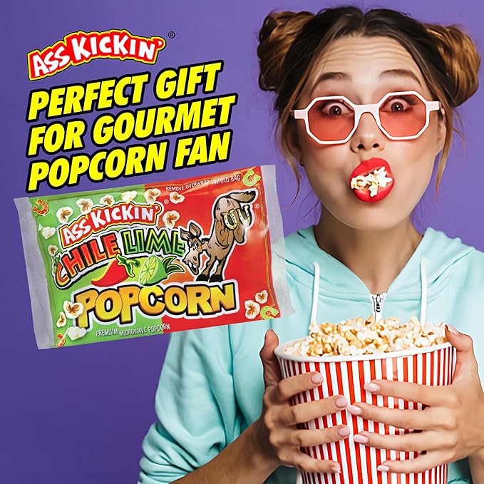 ASS KICKIN' Chile Lime Microwave Popcorn Bags - 12 Pack - Ultimate Spicy Popcorn Gourmet Gift - Makes a Great Movie Theater Popcorn or Snack Food for Movie Night