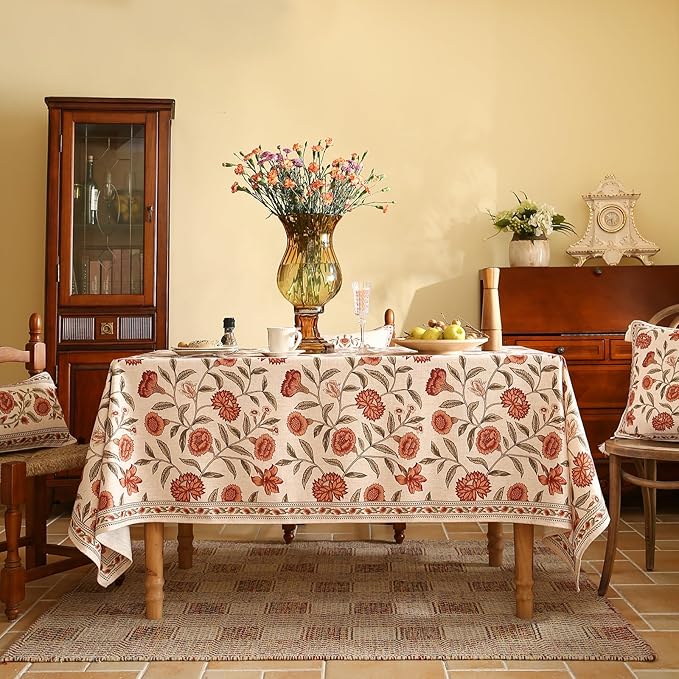 ISAENNE Designer French Small Square Tablecloth,Linen Orange Floral Pattern Indoor Table Cloth,Wrinkle Resistant Decor Table Cloth for Dining Thanksgiving Kitchen Party,55"*55"-Alvarado D