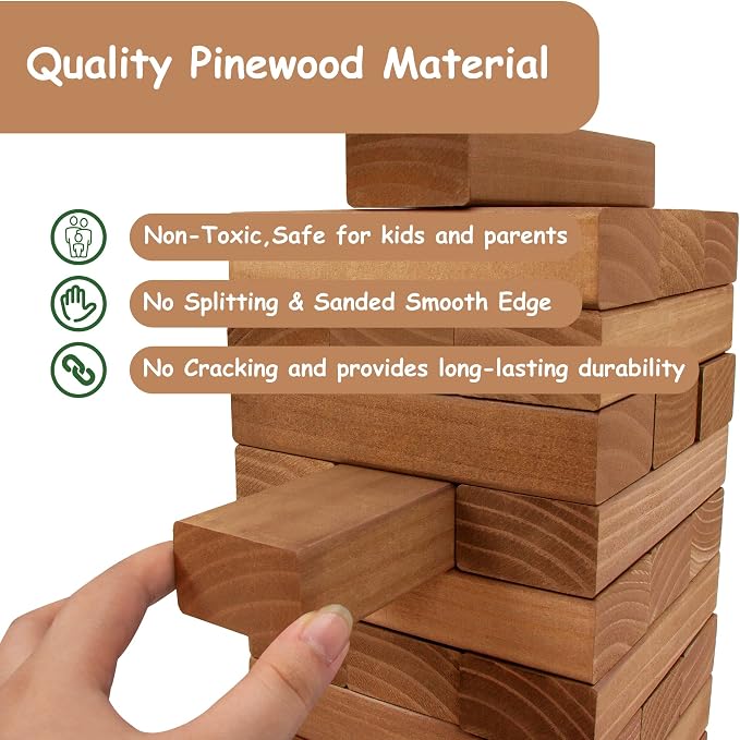Juegoal 54 Pieces Giant Tumble Tower Blocks Game Giant Wood Stacking Game with 1 Dice Set, Gameboard, Canvas Bag for Adult, Kids, Family, Brown