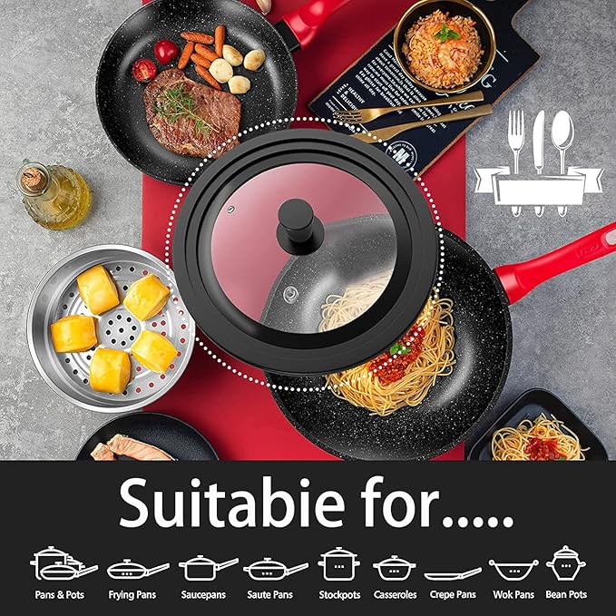 Universal Lids for Pots, Pans & Skillets - Fits 7", 8" & 9" Diameter, 10", 11" & 12" Diameter Cookware, Tempered Glass with High Heat Resistant Silicone Rim, Dishwasher Safe (2 Pack)