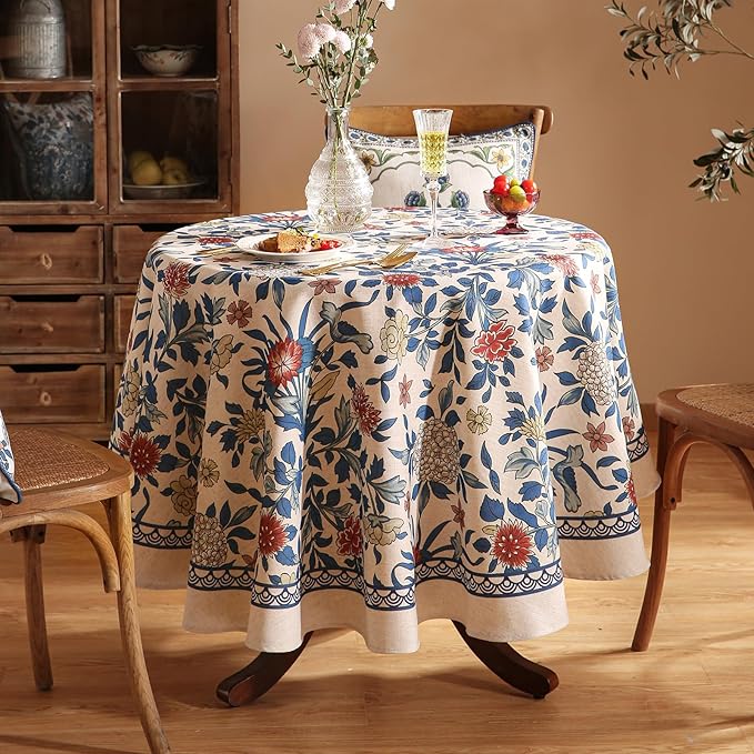 patdrea Designer Small Blue Tablecloth for Round Table,Vintage Linen Leaves and Floral Pattern Tablecloths,Farmhouse Decor Cover for Kitchen Dining Christmas,Thanksgiving,Diameter 55"-Ivar a