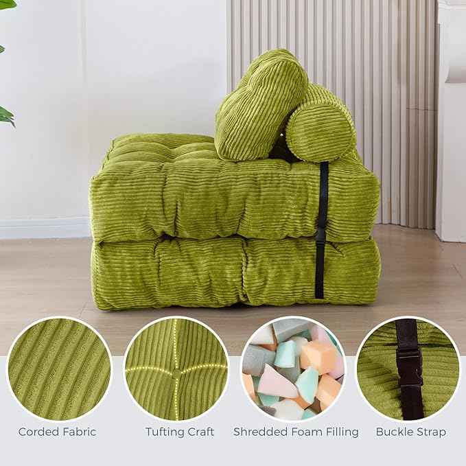 MAXYOYO Folding Sofa Bed, Convertible Sleeper Chair with Pillow Foldable Matress, Portable Fold Out Chair Bed Comfy Floor Sofa Lounge for Living Room Bedroom