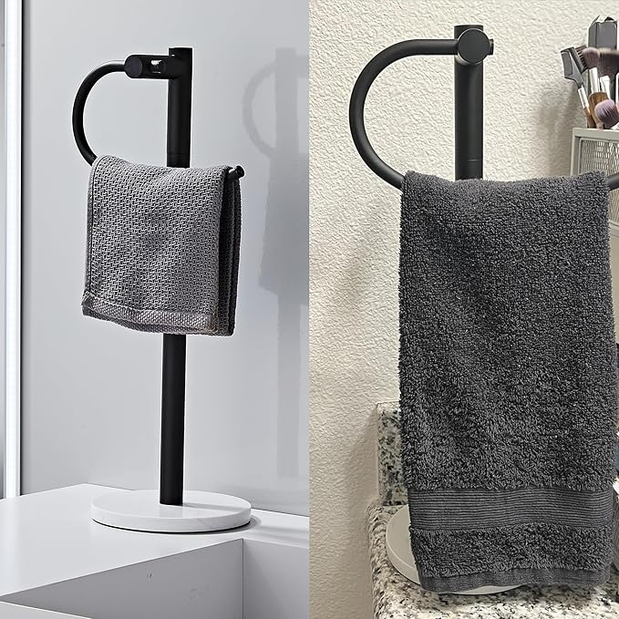 19 Inch Modern Hand Towel Holder Stand with Marble Base, Black Metal, Freestanding Bathroom Counter Towel Rack