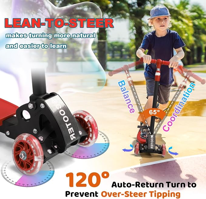 Kick Scooter for Kids Ages 6-12, Stable 3 Wheel Kids Scooter with LED Light-Up Wheels, 3 Adjustable Heights, Lean-to-Steer, Foldable, 6" Extra Wide Deck for Boys and Girls Gifts