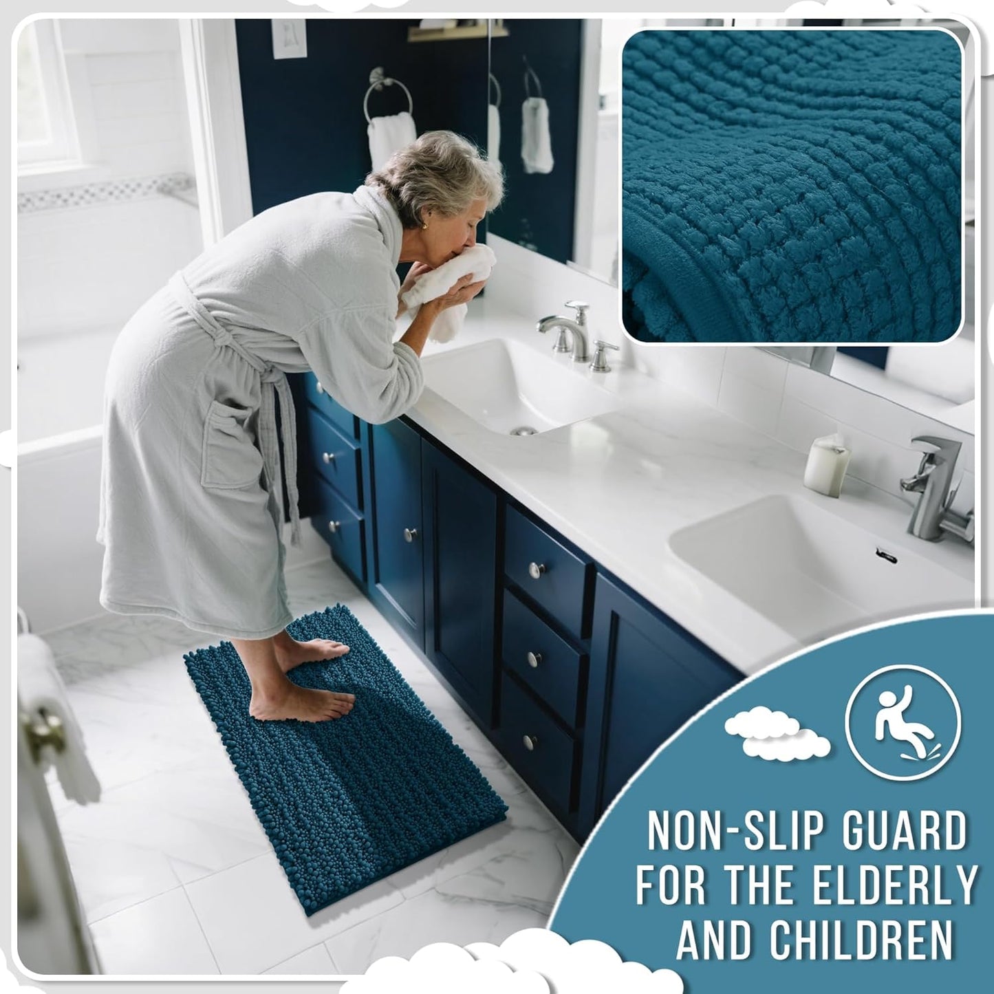 Yimobra Bathroom Runner Rug 60x24 Inch - Extra Long Non Slip Chenille Bath Mat, Soft & Absorbent, Machine Washable Shaggy Hallway Carpet for Vanity Tub Shower, Peacock Blue Home Decor Accessories
