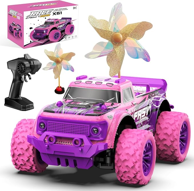 Remote Control Car for Girls: 1:20 Scale Pink Purple Rc Truck with LED Light and DIY Windmills - 20Km/h All Terrain Fast RC Cars, 2.4GHz Monster Truck Toys for Kids Gift