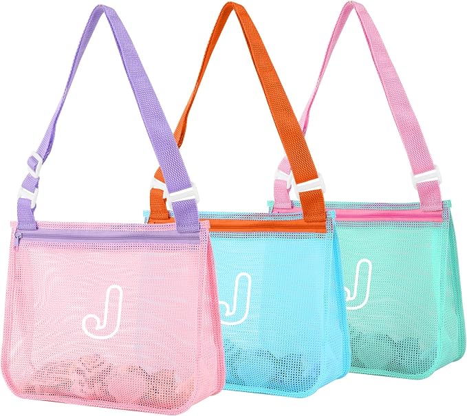3Pcs Personalized Kids Beach Shell Bag, Initial Seashell Mesh Zipper Beach Pouch, Shell Collecting Bag for Holding Shells with Adjustable Straps, Sand Toys Swim Pouch Gift for Girl Boy Teens(Letter J)