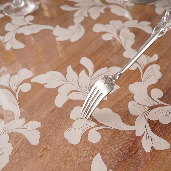 Vinyl Table Cloth Rectangle Clear Table Cover Protector with Block Printed Pattern Oil Spill Proof Farmhouse Rustic Plastic Table Covers for Dining Tables (Scroll Grass, 52 x 70 Inches)