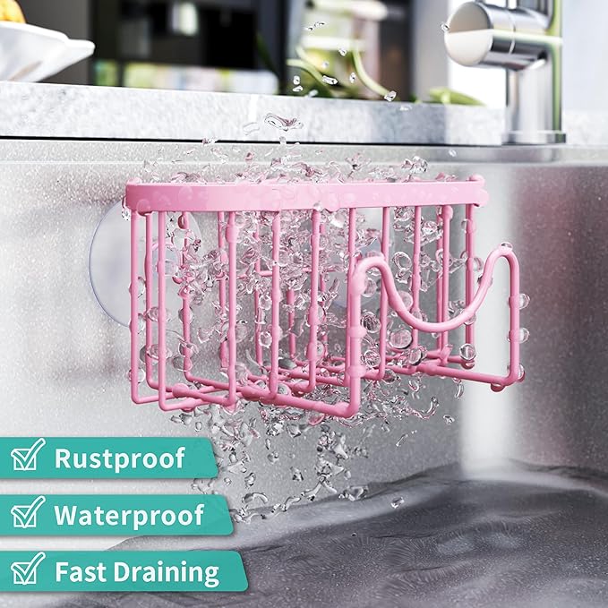 HapiRm Sponge Holder for Kitchen Sink - Sink Caddy with Unique M-Shaped, 2 Installation Methods Kitchen Organizer, Rustproof Stainless Steel Sponge Caddy - Pink