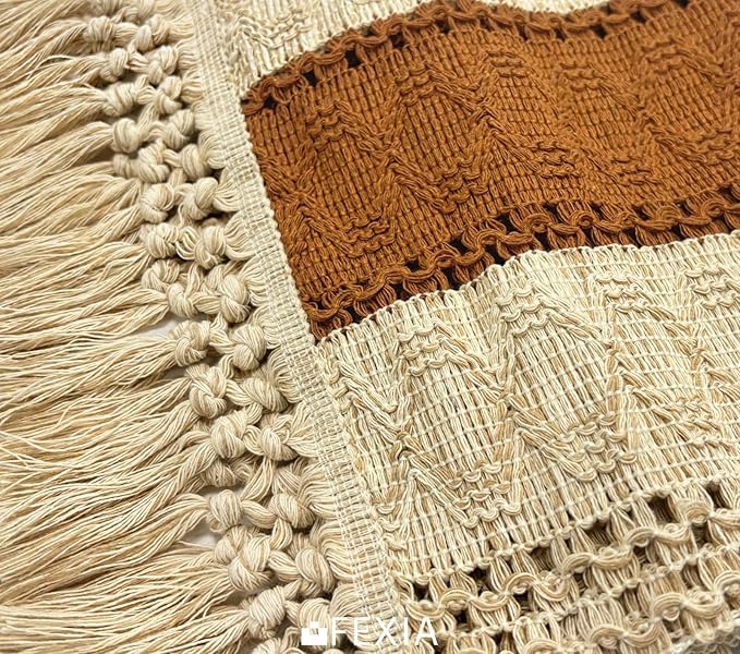 FEXIA Boho Table Runner 48 Inches Long Thanksgiving Decor with Tassels Farmhouse Style for Party Wedding Baby Bridal Shower Dining Decor Middle Brown (12x48 Inches)