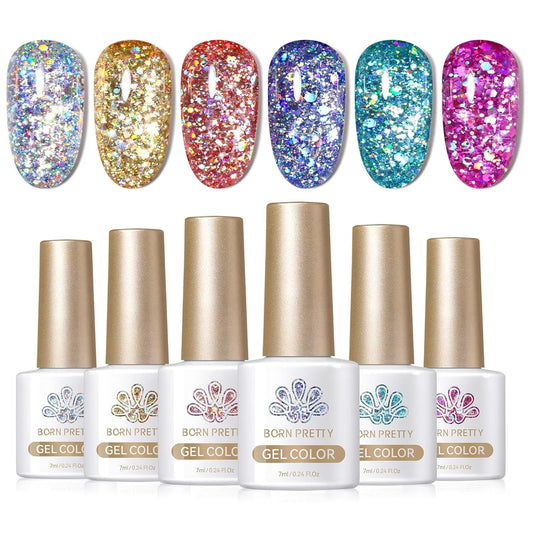 Born Pretty Glitter Gel Nail Polish Set Sparkly Shiny Gold Silver Pink Glitter Gel Polish Kit Soak Off UV Nail Gel Gift Box Nail Art Manicure Varnish Kit 7ML 6PCS