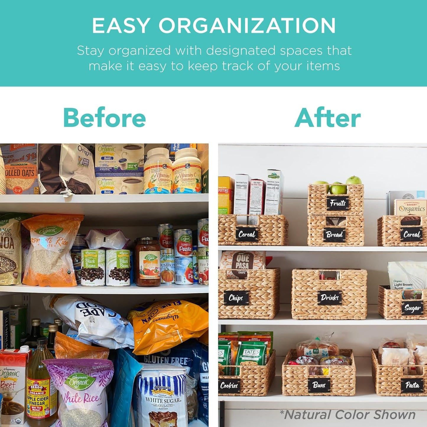 Best Choice Products Pantry Baskets Set of 2 16x12in Water Hyacinth Storage Baskets, Woven Wicker Kitchen Organizers with handles w/Chalkboard Label Chalk Marker - Chestnut