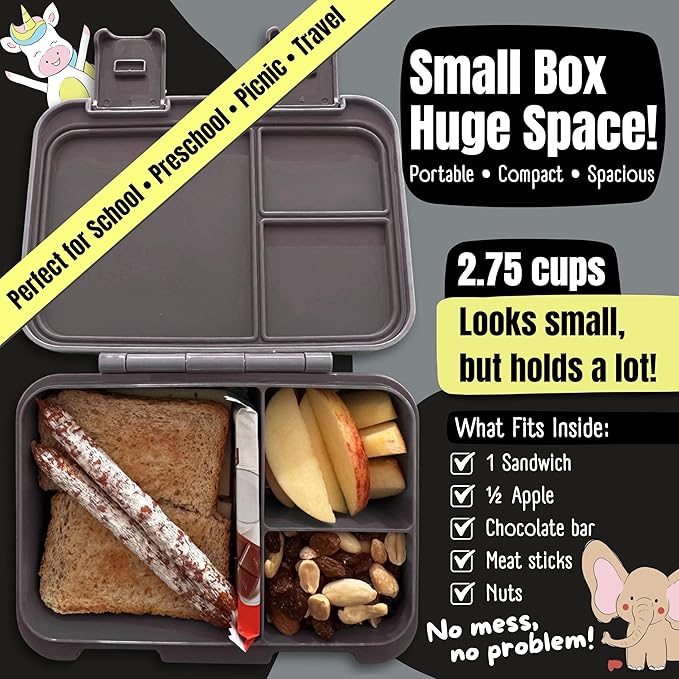 BEARFOOT Kids Lunch Box with Compartments – Compact & Lightweight | Leak-Proof, BPA-Free, Dishwasher & Microwave Safe | Hand-Drawn Design for Preschool, School, Travel (Dinos Black, 2.75 Cups)