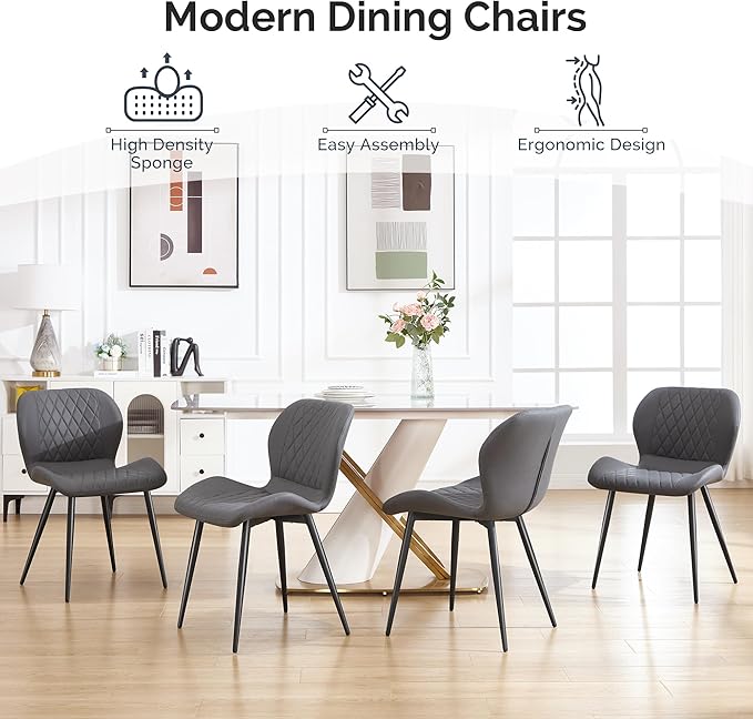 Dining Chairs Set of 2, Comfy Modern Dining Chairs with Thick Cushions, Upholstered Fabric Kitchen Side Chairs with Adjustable Metal Legs for Dining Room (Dark Grey)
