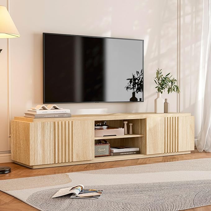 BELLEZE 70" Fluted Media Entertainment Center Console for TVs up to 75", TV Stand Table w/Oversize Drawers and 2-Tier Open Shelves, Wood Storage Cabinet for Living Room-Mint(White Lotus)