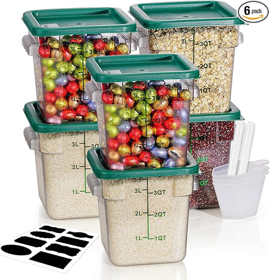 4QT NSF Food Storage Containers: 6 PCS [Food Grade][Hot&Cold Resistant] Commercial Clear Food Storage Containers with Lids for Restaurant Kitchen Proof Dough, Measuring Spoons Included(Green N)
