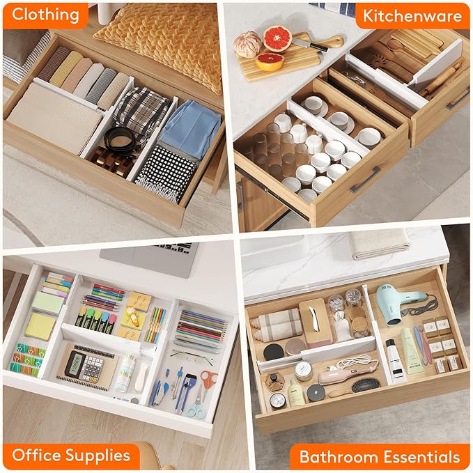 Lifewit 5 Pack 4" High Drawer Dividers 34-56cm/13.5-22" Adjustable Drawer Organizer for Clothes/Utensils, Expandable Drawer Separator in Dresser/Kitchen/Bedroom/Office Organization & Storage White