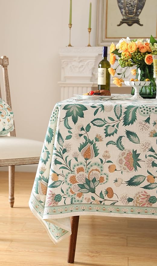 patdrea Designer Green Rectangle Table Cloth,Vintage Italian Floral Country Linen Breathable Tablecloth,Decor Cover for Kitchen Dining,Christmas,Tea Party,Thanksgiving,63"x87"-Tree Life