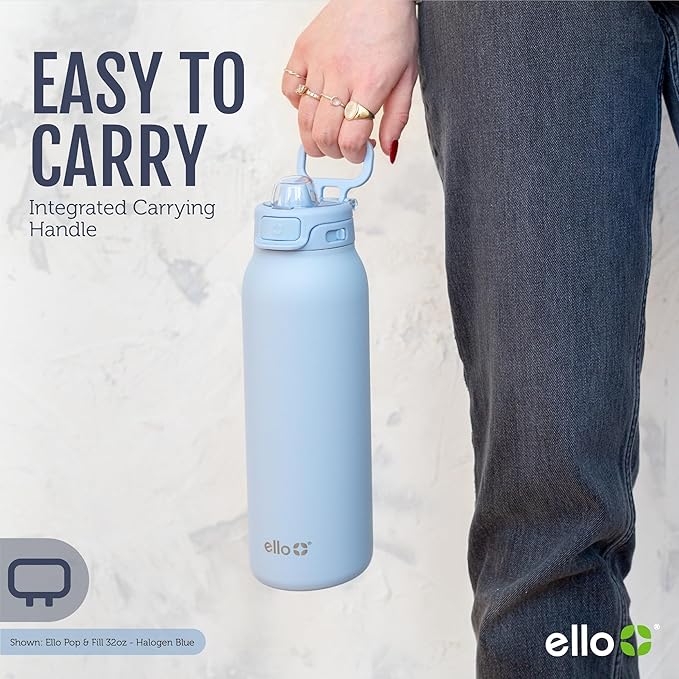 Ello Pop & Fill 22oz Stainless Steel Water Bottle with QuickFill Technology, Double Walled and Vacuum Insulated, Leak Proof Locking Lid, Straw and Chug, Fits Cupholder, Reusable BPA Free, Black Zebra