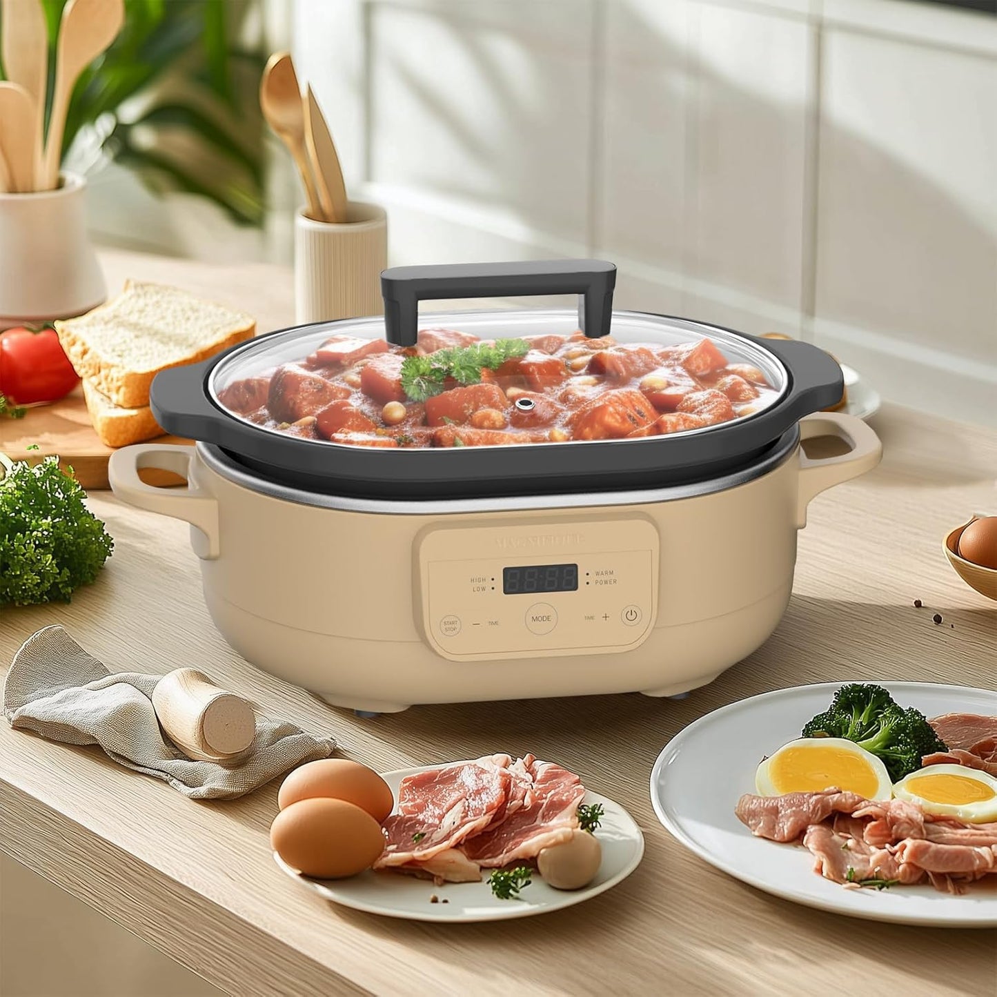 MAGNIFIQUE 6 Quart Programmable Slow Cooker Removable Healthy Nonstick Pot - Small Kitchen Appliance for Family Dinners - Serves 6+ People - Heat Settings: Keep Warm Brown Sugar