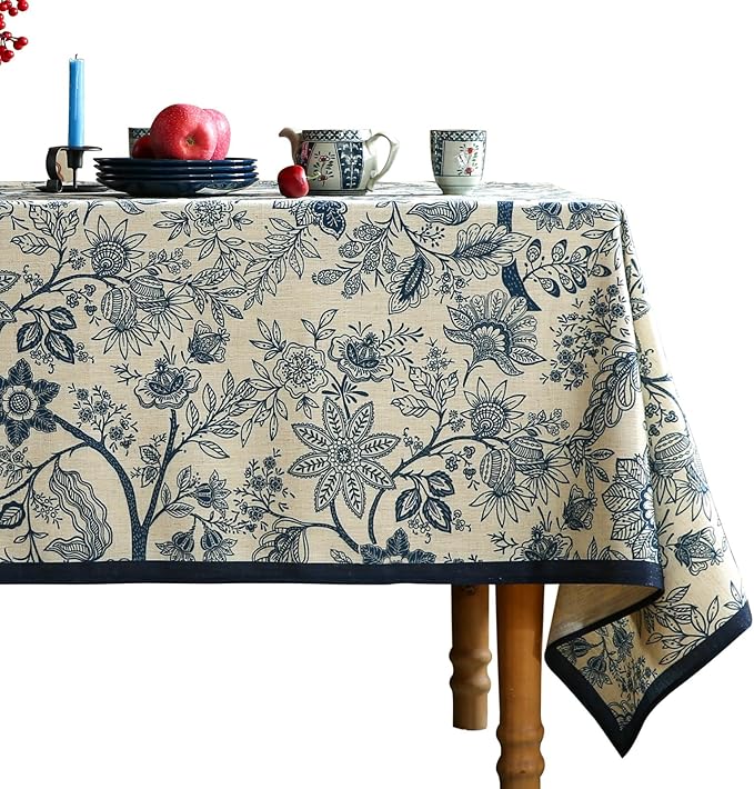 ISAENNE Designer French Linen Small Square Tablecloth,Blue Floral Washable Indoor Table Cloth,Durable Home Decor Tablecloths for Dining Thanksgiving Kitchen Tea Party Christmas,55"*55"-Ruyi B